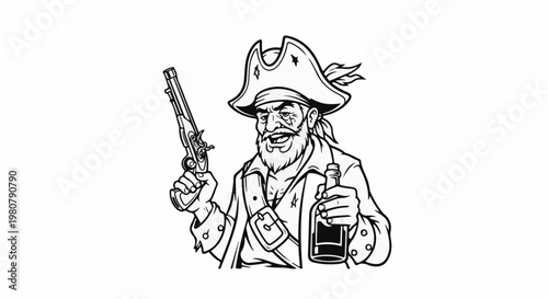 A grinning pirate wearing a tricorn hat, holding a pistol and a bottle