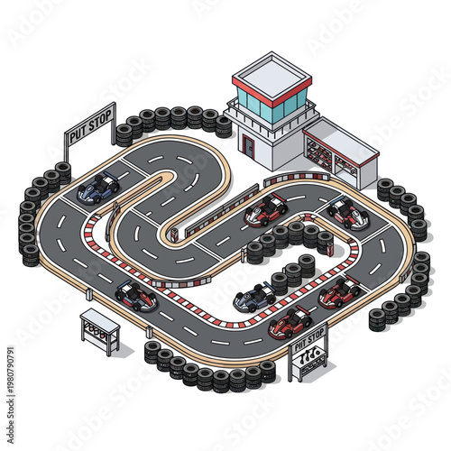 Miniature Racing Track with Cars and Control Tower.