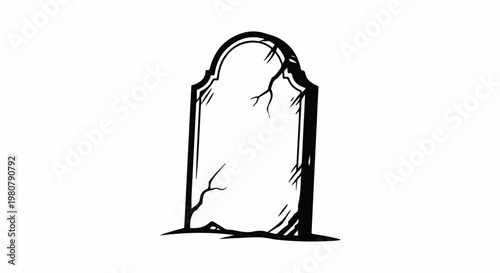 A cracked, antique, arch-topped headstone stands on a desolate landscape