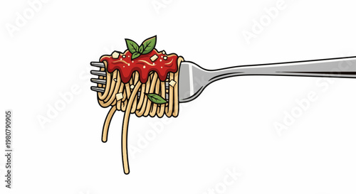 A fork holds a tangle of spaghetti covered in red sauce and cheese