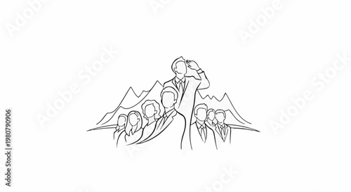 A group of people in suits stands before a mountain range, one looks ahead