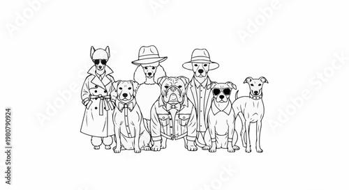 A group of seven dogs dressed in various human clothing, some wearing hats