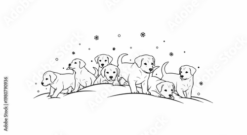 A group of seven adorable puppies play on a snowy hill