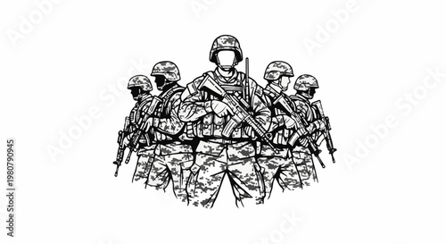 A group of soldiers stand in formation, wearing camouflage and holding rifles