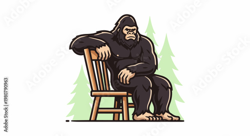 A hairy ape-like creature sits relaxed on a wooden chair amidst stylized trees