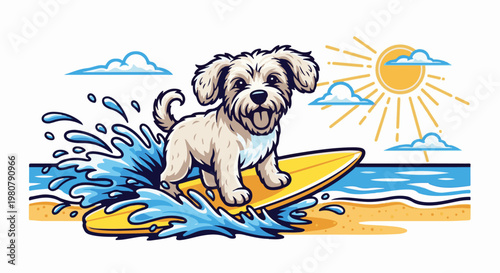 A fluffy dog rides a yellow surfboard through blue ocean waves under the sun