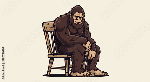 A hairy, brown, anthropoid figure sits contemplatively on a wooden chair