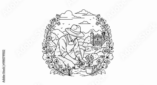 A gardener in a hat and overalls tends to plants in a picturesque, circular garden setting