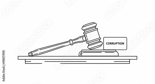 A gavel rests on a block, with the word "CORRUPTION" on a card