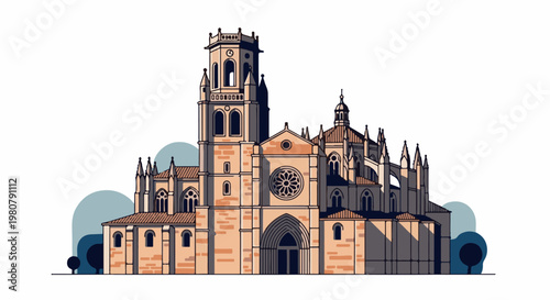 A grand Gothic cathedral with a tall bell tower and rose window