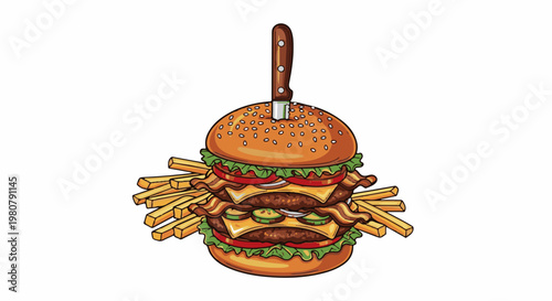 A giant double-patty burger with fries and a knife