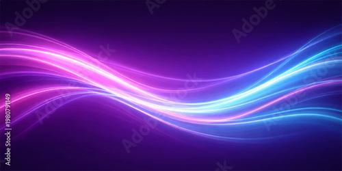 A flowing abstract purple background design features glowing pink and blue waves with bright energy lines and a swirl pattern in a motion-filled vector illustration backdrop