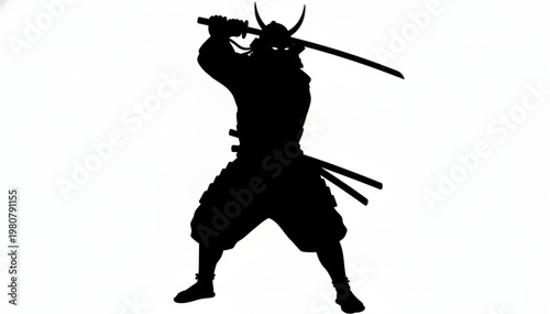 Samurai warrior silhouette raising katana sword in attack stance