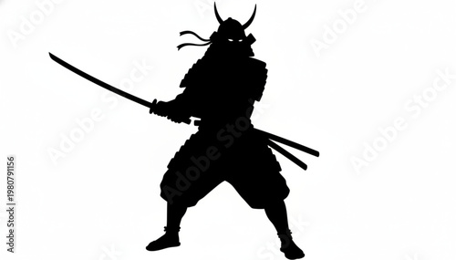 Samurai silhouette holding katana in ready combat stance
