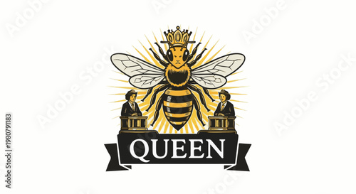 A crowned bee presides over two figures in suits, with a banner reading "QUEEN