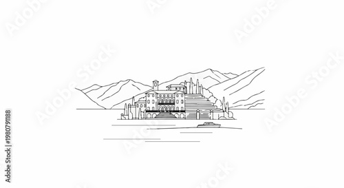 A grand villa on the water, with mountains in the background and a boat