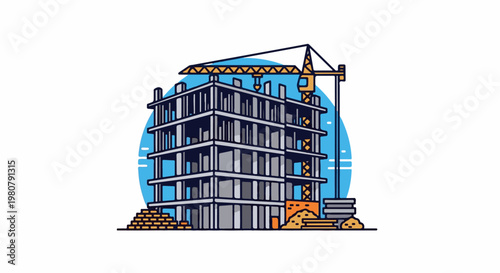 A graphic illustration of a building under construction with a crane