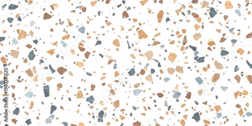 Abstract terrazzo pattern featuring scattered geometric chips on a clean white background surface