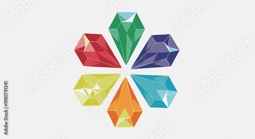 A colorful arrangement of six geometric crystal shapes radiating outwards on a light grey background