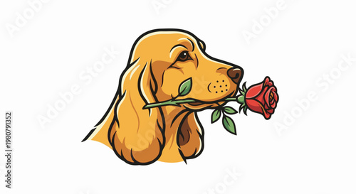 A golden dog with floppy ears holds a red rose with leaves in its mouth