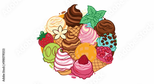 A colorful assortment of ice cream cones and scoops with various fruits