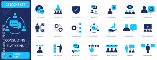 Consulting flat icons set of 21 vector elements, professional business management and corporate strategy symbols, blue marketing and advisory icons