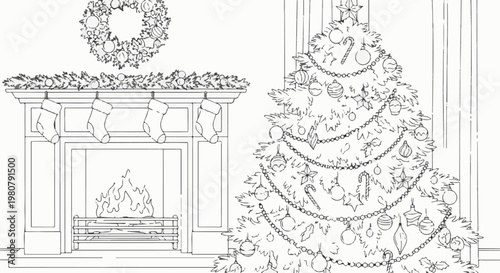 A festive Christmas scene with a decorated tree and fireplace