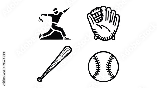 Baseball Icons Set: A collection of meticulously crafted baseball icons, perfect for illustrating the essence of America's favorite pastime. The set includes a player in action, a baseball glove.