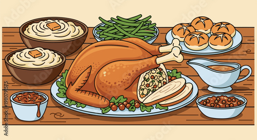 A festive feast displays a golden roasted turkey, mashed potatoes, gravy, and rolls