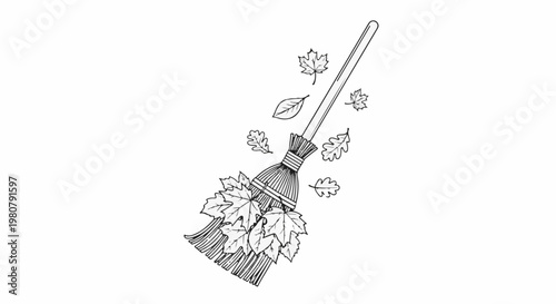 A hand-drawn style image of a broom with autumn leaves