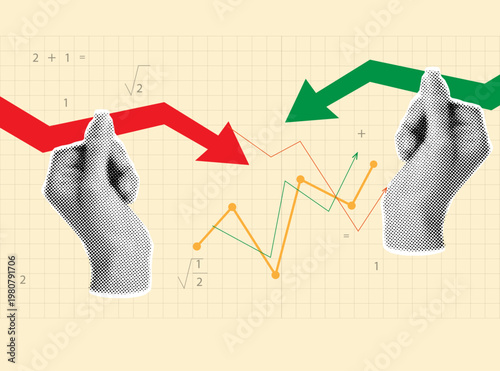 Trendy halftone collage, Market Volatility Concept with Falling and Rising Arrows, Halftone Business Figures, and Financial Graph Analysis