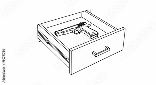 A handgun rests inside an open wooden drawer with a metal handle