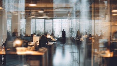Modern office interior with blurred people working, viewed through reflective glass