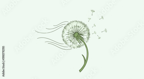A delicate dandelion seed head is depicted, its fluffy seeds scattering in the wind