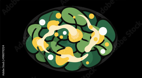 A close-up aerial view of a vibrant green salad with yellow dressing and white dots