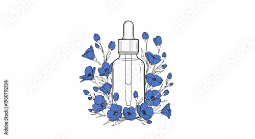A clear glass dropper bottle surrounded by blue flowers and buds