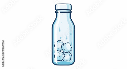 A clear bottle with a white cap, containing ice cubes and water droplets