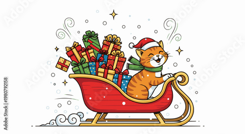 A happy cat in a Santa hat drives a sleigh filled with presents