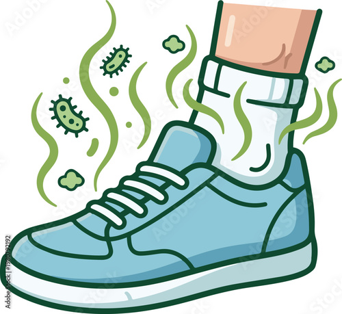 Vector illustration of smelly sneakers with odor fumes and bacteria, highlighting foot odor and hygiene issues in a flat cartoon style.