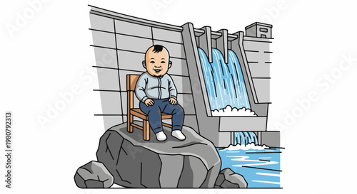 A happy child sits on a chair on a rock by a dam with water flowing
