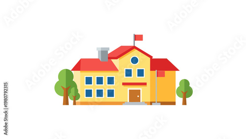 A cartoon yellow school building.