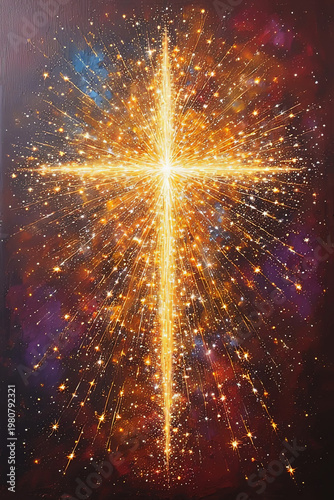 Radiant Golden Cross with Exploding Light Rays and Sparkling Particles on Cosmic Background, Spiritual Christian Symbol of Faith, Hope and Divine Energy in Glowing Abstract Style