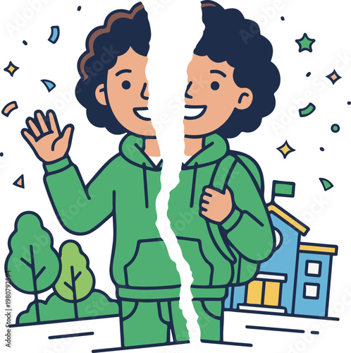 Vector illustration of a torn photo showing a split friendship, symbolizing separation, conflict, or broken relationship in a colorful flat cartoon style.