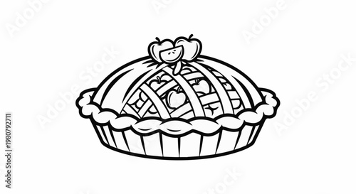 A classic apple pie with a lattice crust, topped with apples, in a black and white drawing
