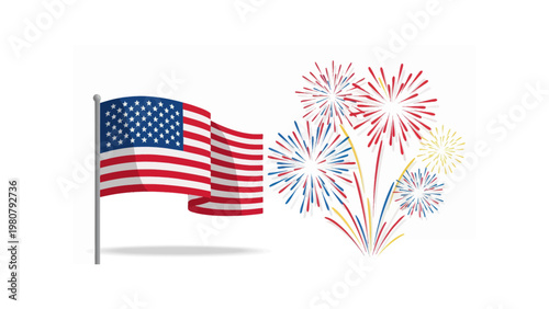American Flag Waving With Fireworks.