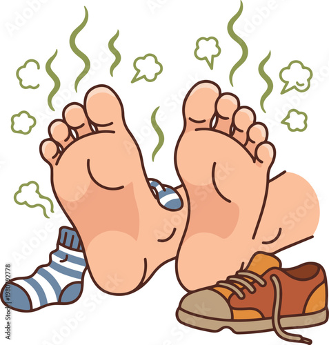 Illustration of smelly feet with socks and shoes nearby, emphasizing foot odor, hygiene issues, and unpleasant smell in a humorous cartoon style.