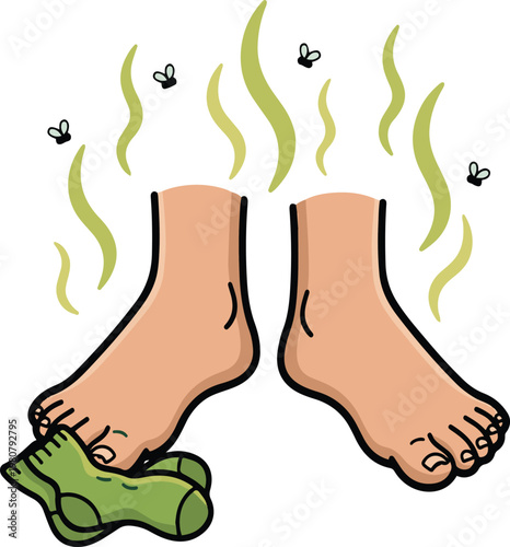 Vector illustration of smelly feet with odor fumes and flies, highlighting foot odor and poor hygiene in a simple cartoon style.