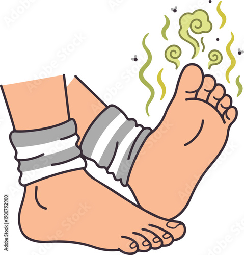 Illustration of smelly feet with odor lines rising from the toes, highlighting foot hygiene issues and unpleasant smell in a humorous style.