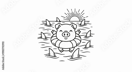 A happy pig floats in a life preserver surrounded by shark fins at sunset