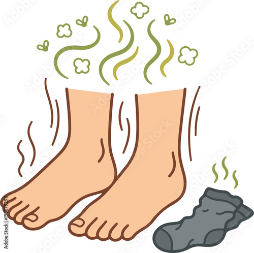 Vector illustration of smelly feet with odor lines and dirty socks, depicting foot odor and hygiene issues in a simple cartoon style.